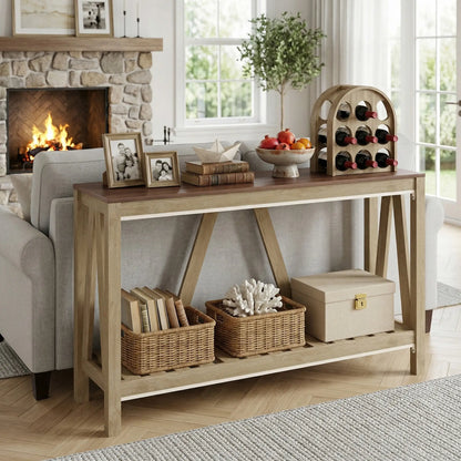 Farmhouse Console Table with Storage Shelf, Rustic Sofa Table, Oak Console Tables at Gallery Canada