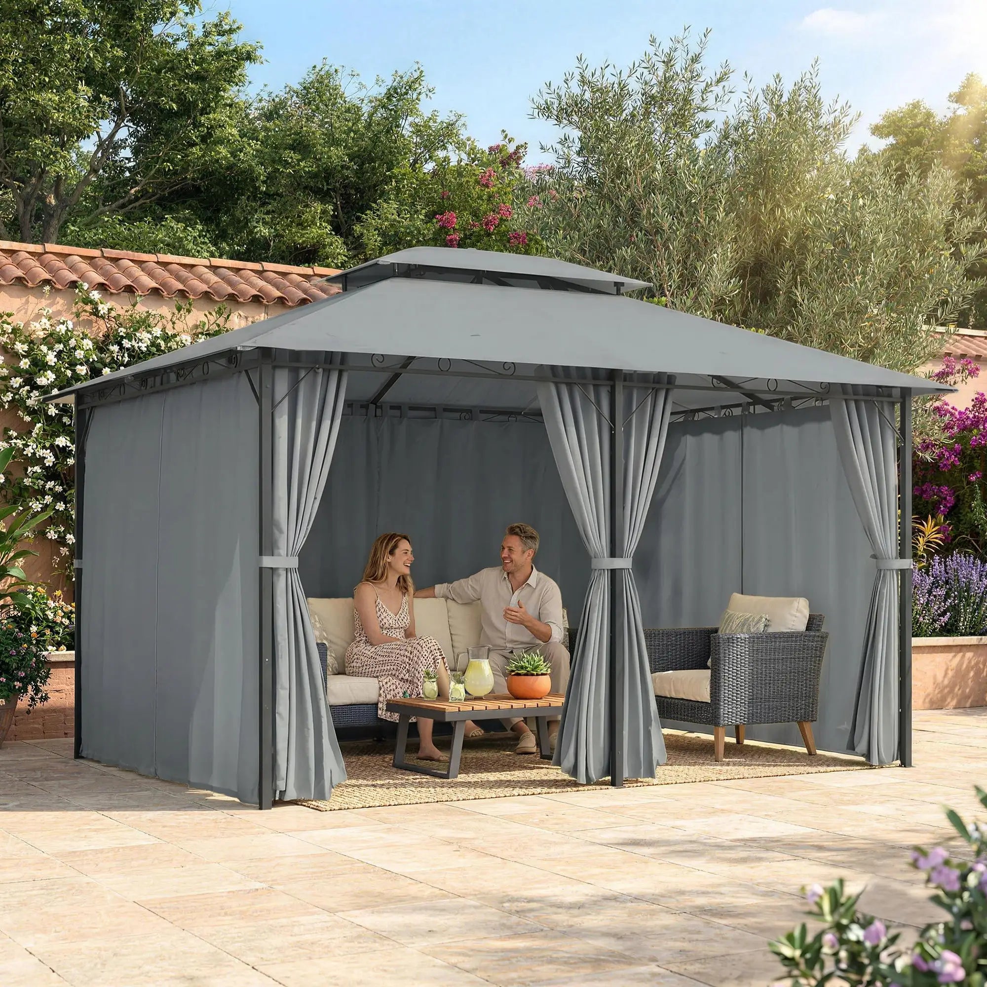 13L x 10W x 8.7H Patio Gazebo, 2-Tier Canopy with Curtains, Grey Gazebos at Gallery Canada