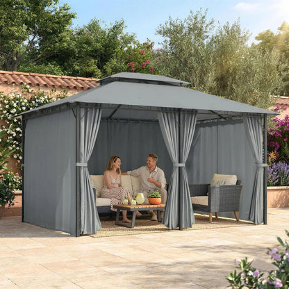 13L x 10W x 8.7H Patio Gazebo, 2-Tier Canopy with Curtains, Grey Gazebos at Gallery Canada