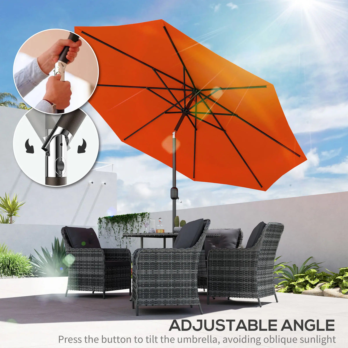Parasol de marché rond 10' x 8', parasol de patio avec inclinaison à manivelle, orange