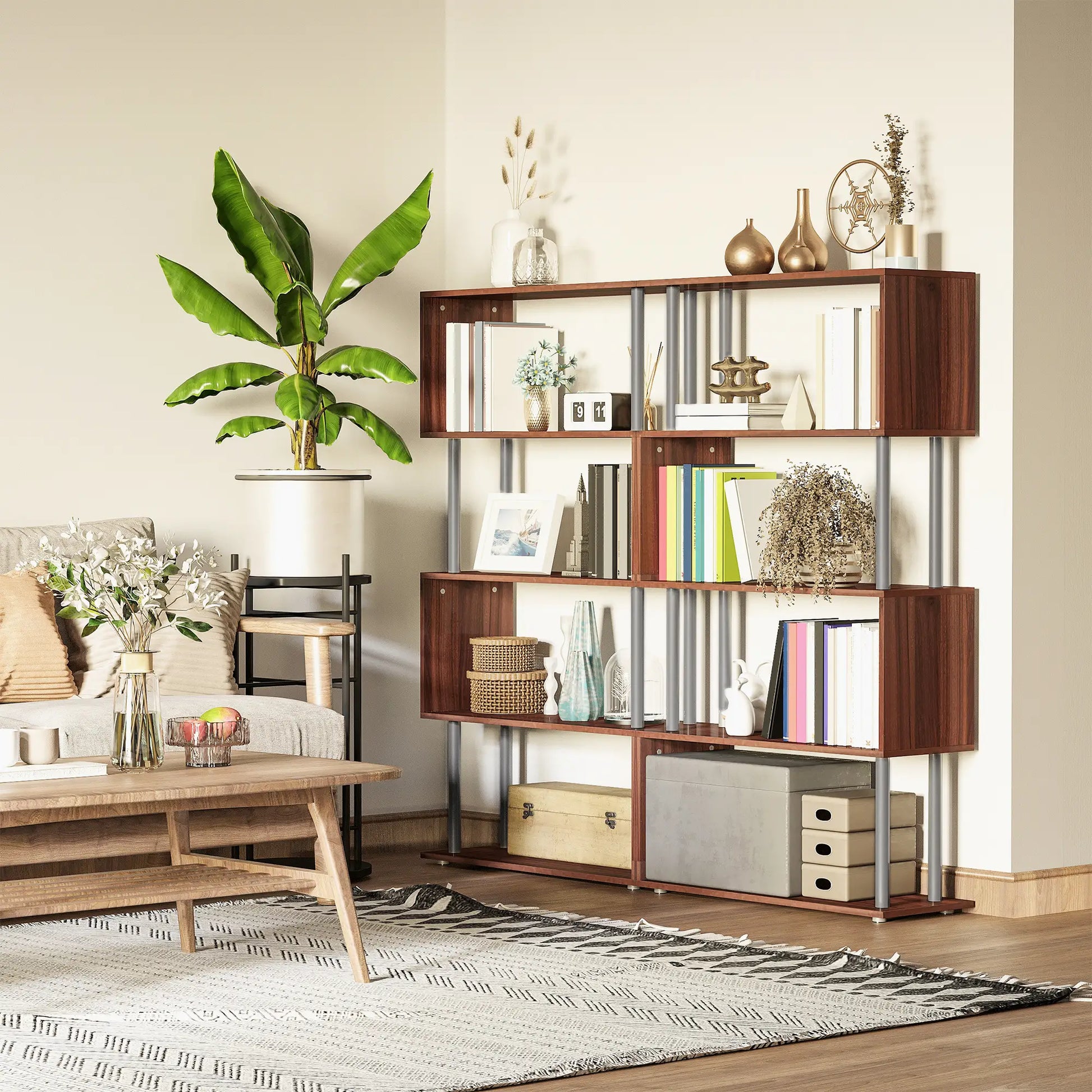 5-Tier Geometric Wooden Bookcase, S-Shaped Storage, Walnut Display Bookshelves at Gallery Canada