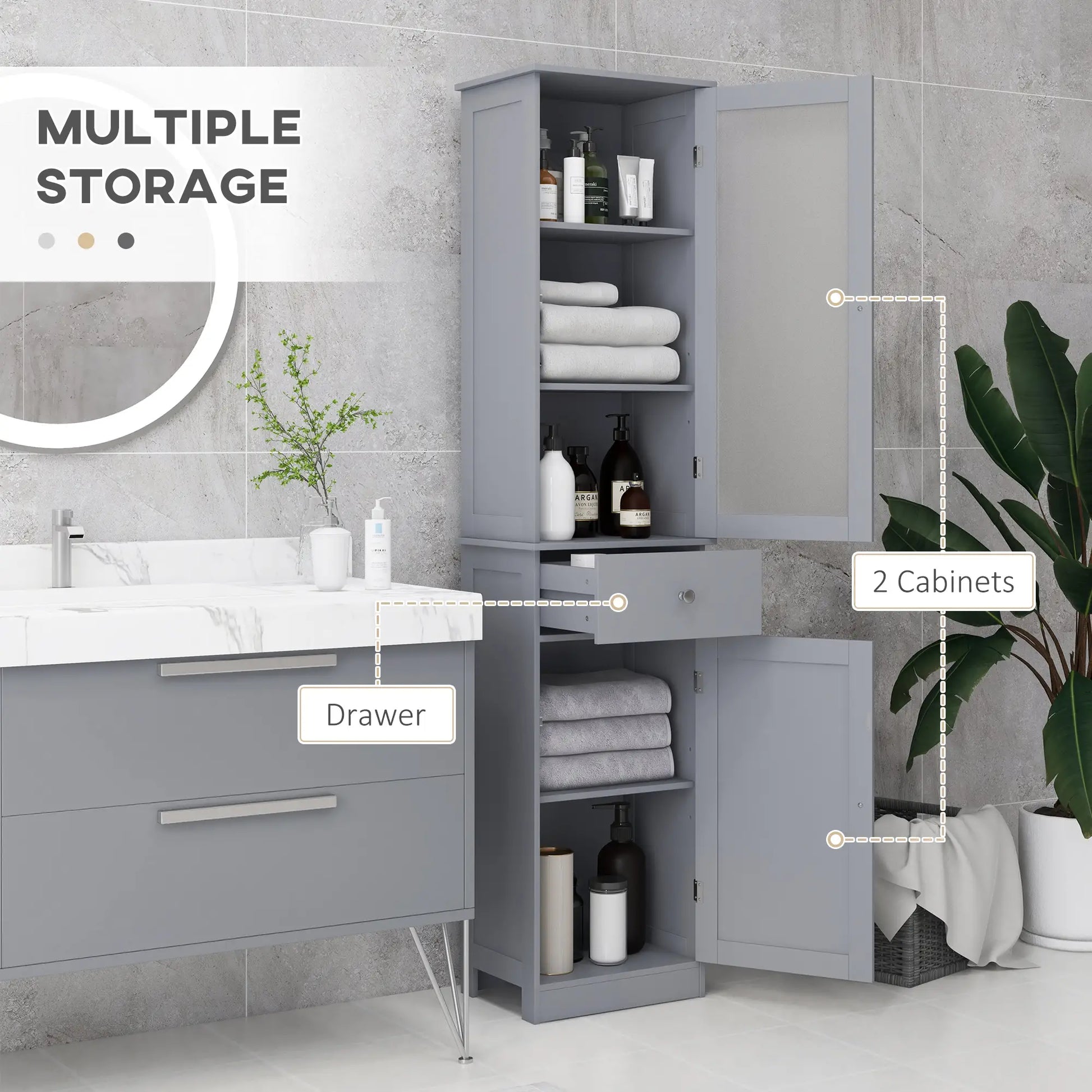 Tall Bathroom Cabinet, 2 Doors, Adjustable Shelves, Grey Bathroom Cabinets at Gallery Canada