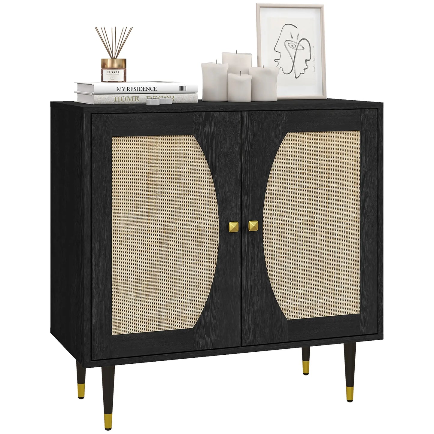Boho Buffet Cabinet, Adjustable Shelf, Rattan Doors, 42 Inches, Black Kitchen Pantry Cabinets at Gallery Canada