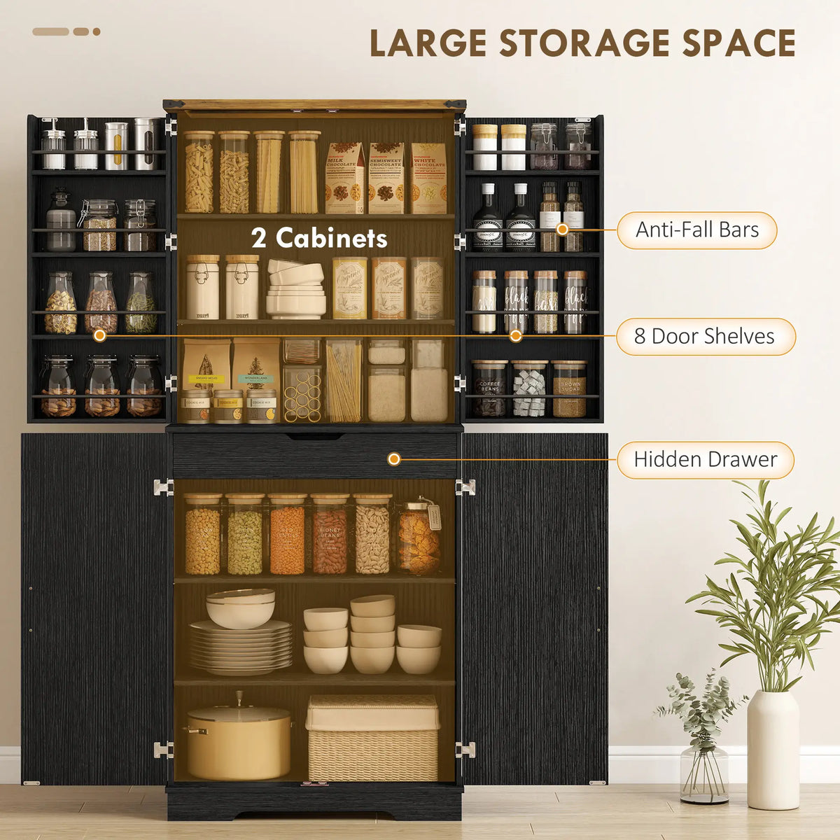 72 Inch Kitchen Pantry Cabinet, 4 Doors, Drawer, Shelves, Black Kitchen Pantry Cabinets at Gallery Canada