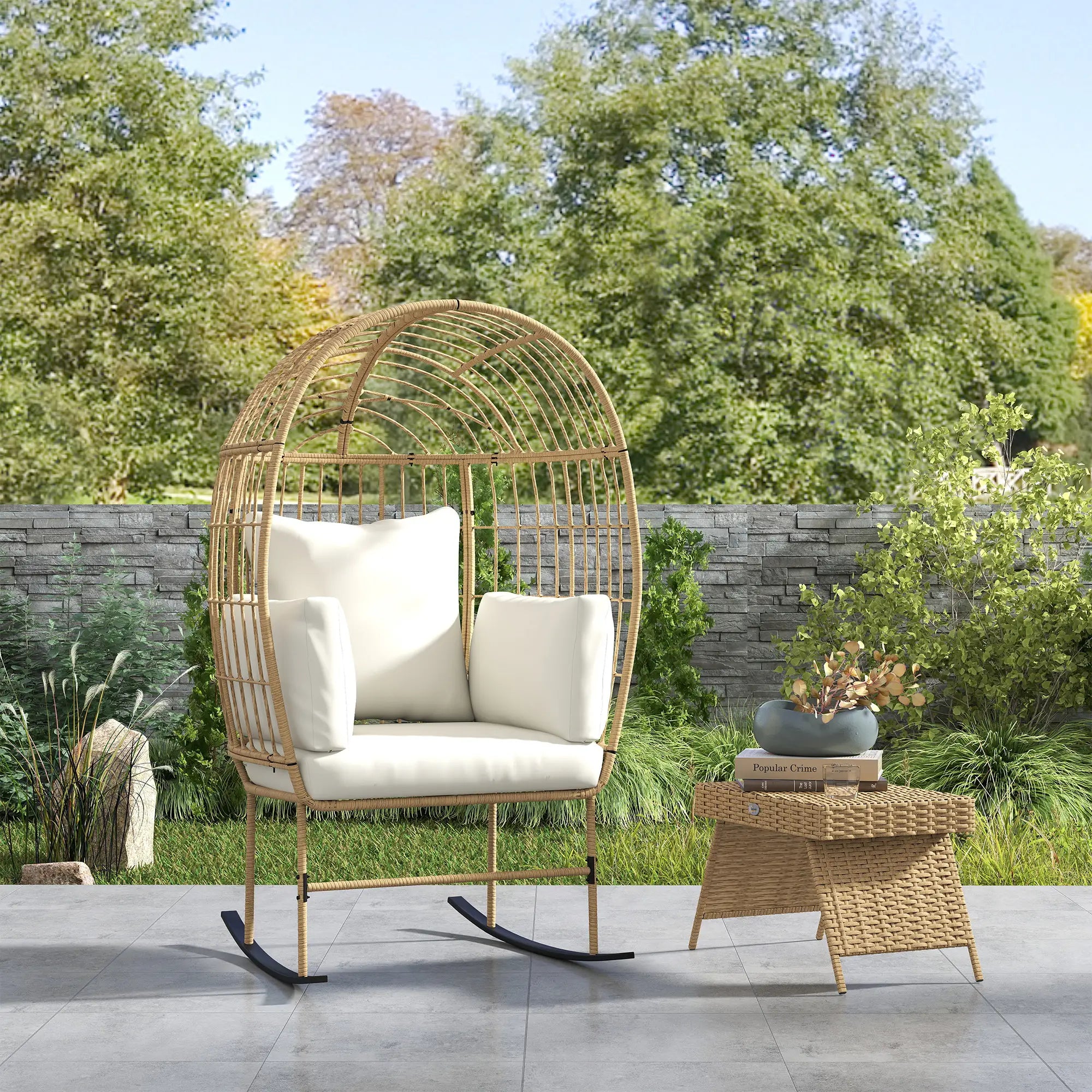 Oversized Rocking Chair, Indoor Outdoor Egg Chair, Thickened Cushions, Wicker Patio Lounger, Beige Outdoor Rocking Chairs at Gallery Canada