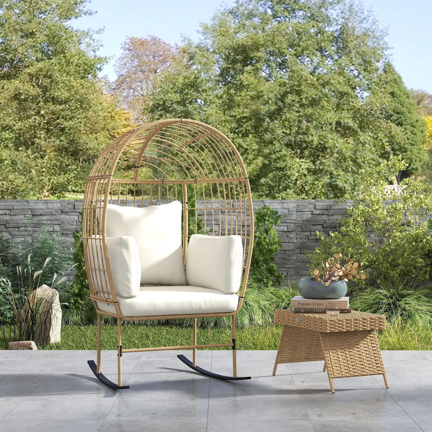 Oversized Rocking Chair, Indoor Outdoor Egg Chair, Thickened Cushions, Wicker Patio Lounger, Beige Outdoor Rocking Chairs at Gallery Canada