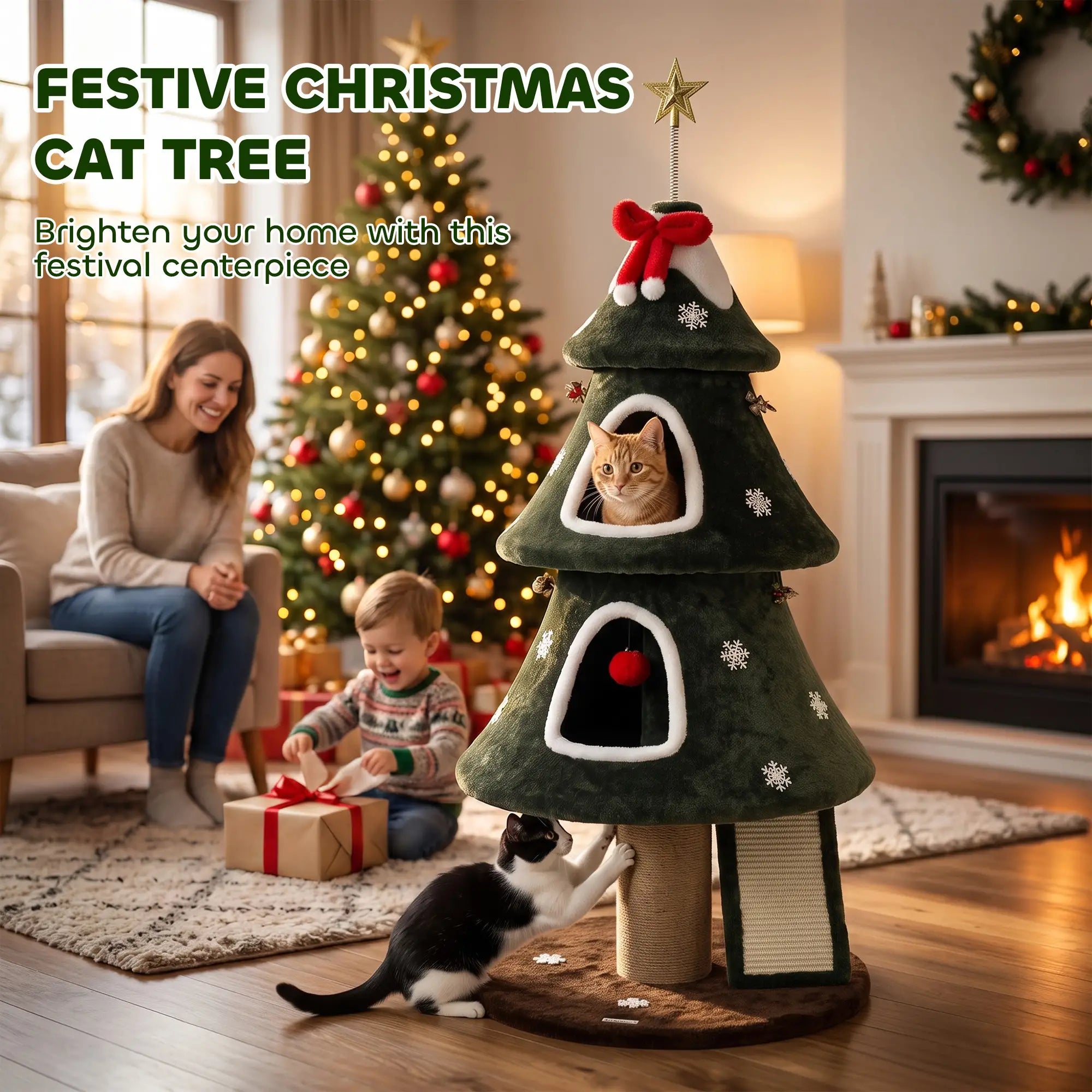 52'' Christmas Cat Tree, 2-Tier Tower with Condos & Scratchers Cat Trees at Gallery Canada
