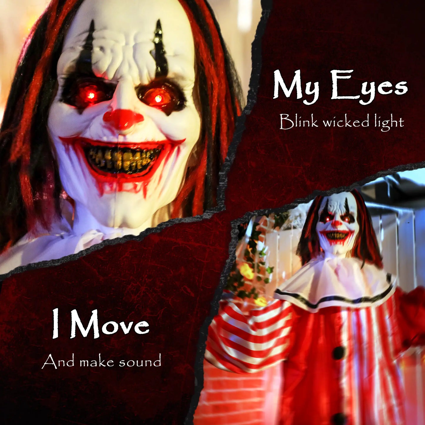 Life Size Animated Clown, Red Light Up Eyes, Sound Activated, Battery Operated, Red Halloween Decorations at Gallery Canada