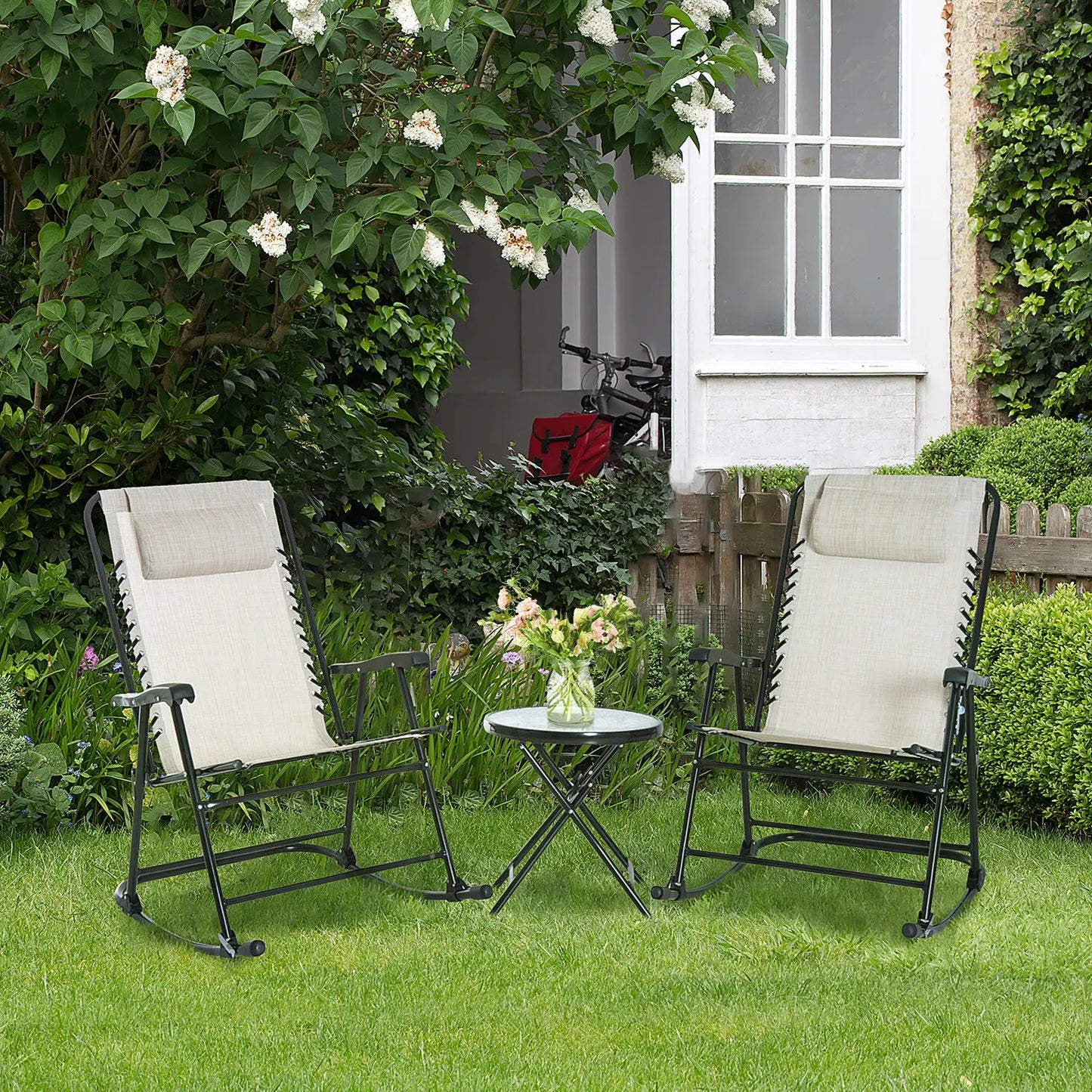 3pc Patio Rocking Chair Set, Folding Outdoor Chairs w/ Table, Cream White Outdoor Rocking Chairs at Gallery Canada
