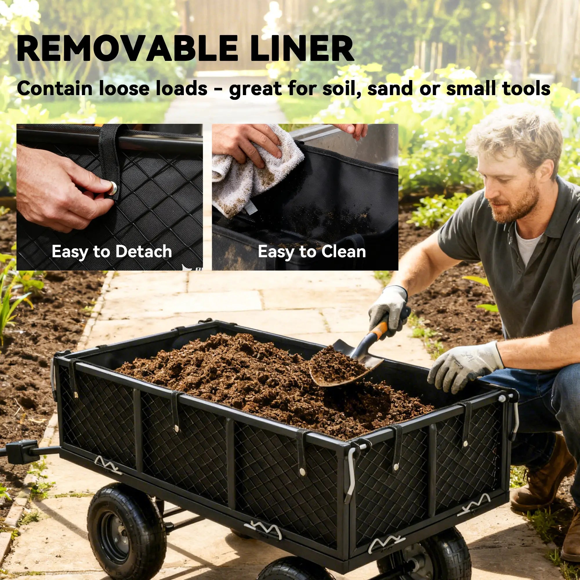 Steel Garden Cart, Utility Wagon, Removable Liner, Quick-Release Sides, 10