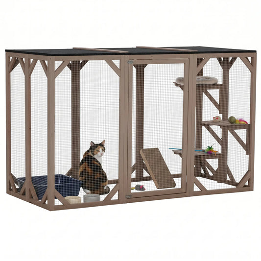 Indoor Outdoor Cat Cage, Catio Enclosure, Small Animal Hutch for Rabbit, Kitten, 3-Level, Lock, Camel Outdoor Cat Enclosures Camel at Gallery Canada