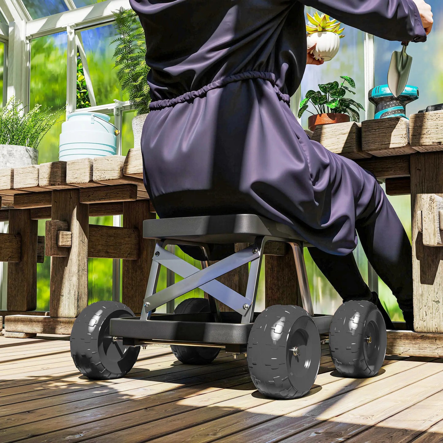 Rolling Garden Stool With Tool Tray, 19.7" x 19.3" x 12.6", Black Garden Accessories at Gallery Canada