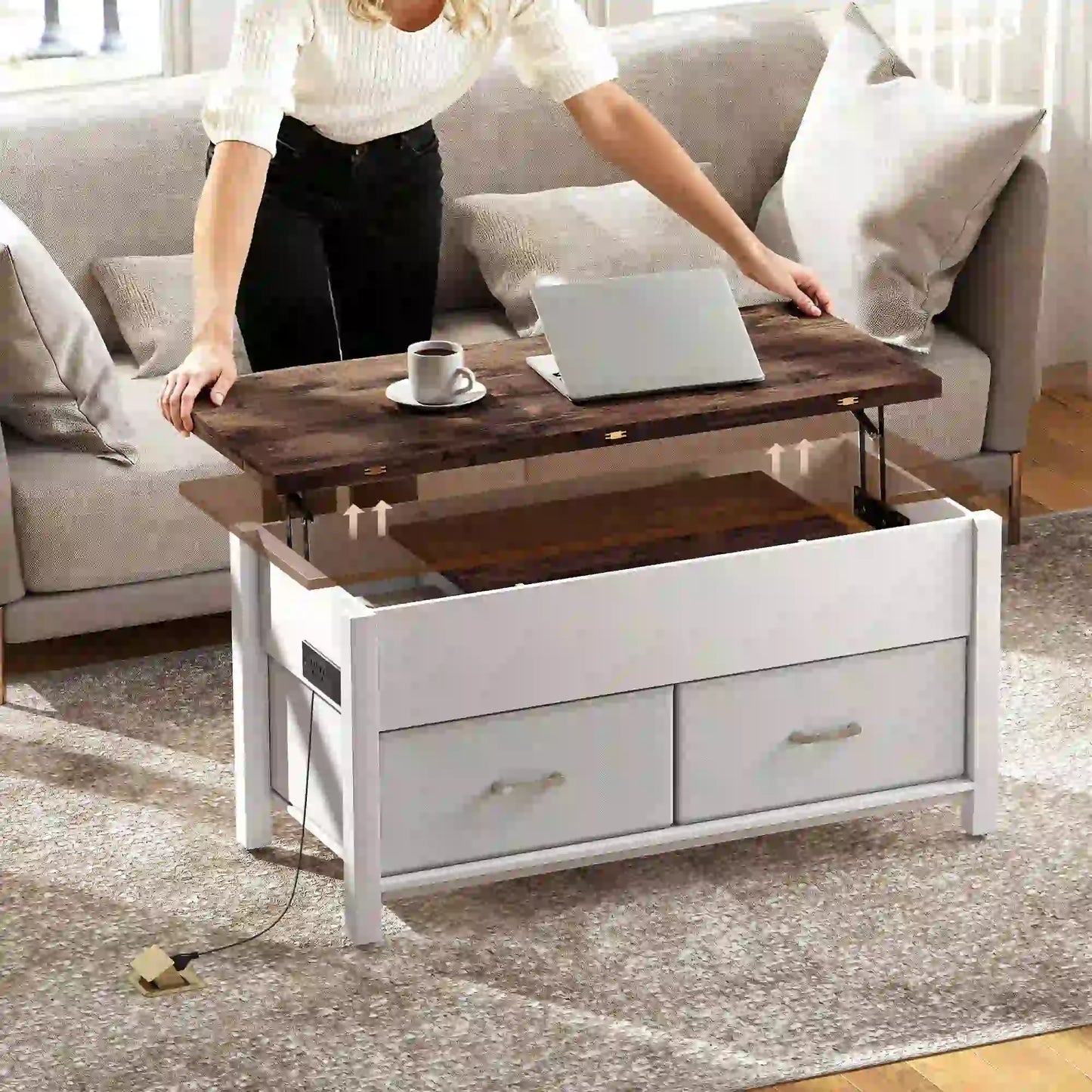 Lift Top Coffee Table, 3 Hidden Compartments, 2 Fabric Drawers Coffee Tables at Gallery Canada