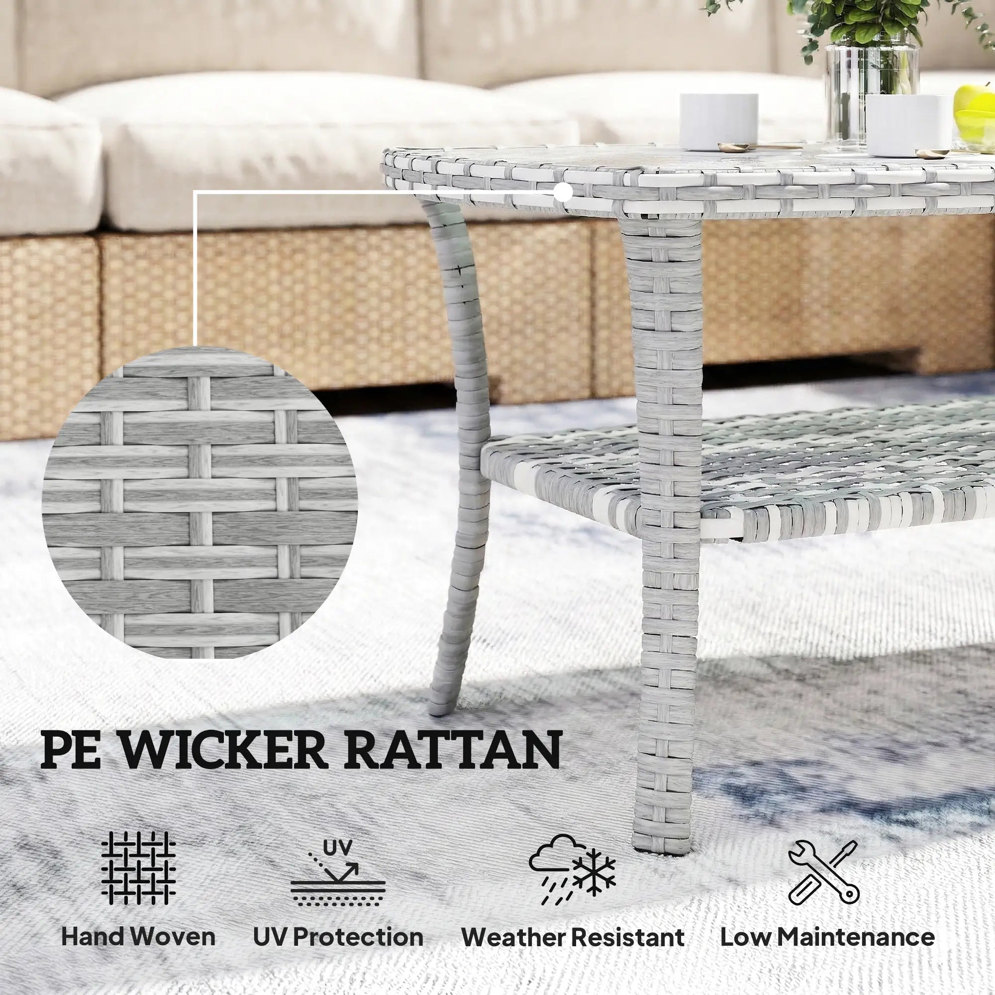 Outdoor Coffee Table With Storage, PE Wicker With Glass Top, Dark Grey Patio Side Tables at Gallery Canada