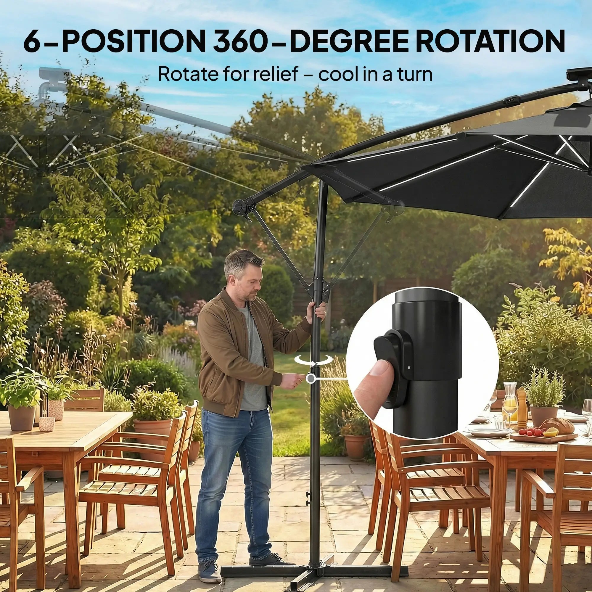 10 ft Offset Patio Umbrella With Solar Light, 360° Rotation, Tilt, Cover, Black Offset Cantilever Umbrellas at Gallery Canada