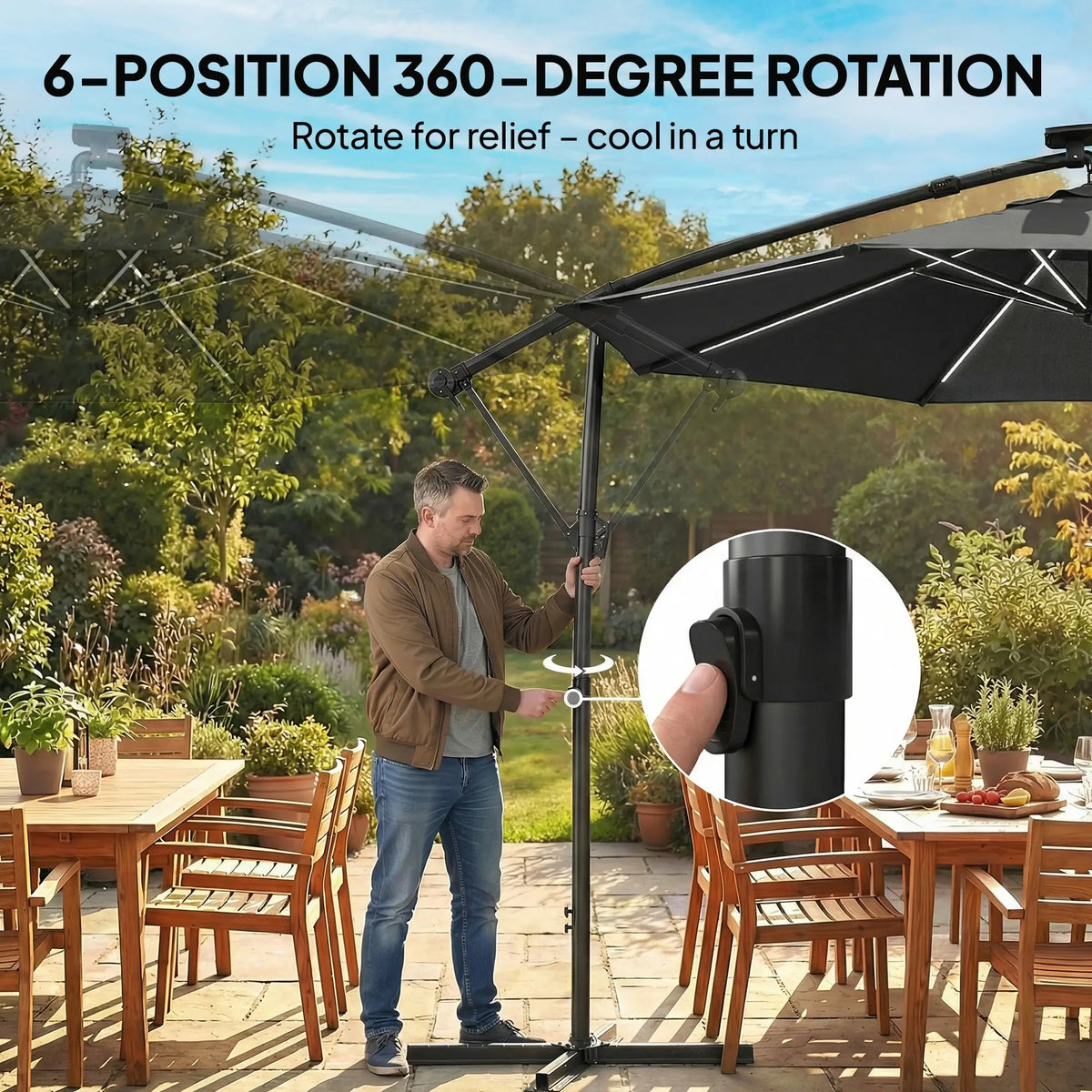 10 ft Offset Patio Umbrella With Solar Light, 360° Rotation, Tilt, Cover, Black Offset Cantilever Umbrellas at Gallery Canada