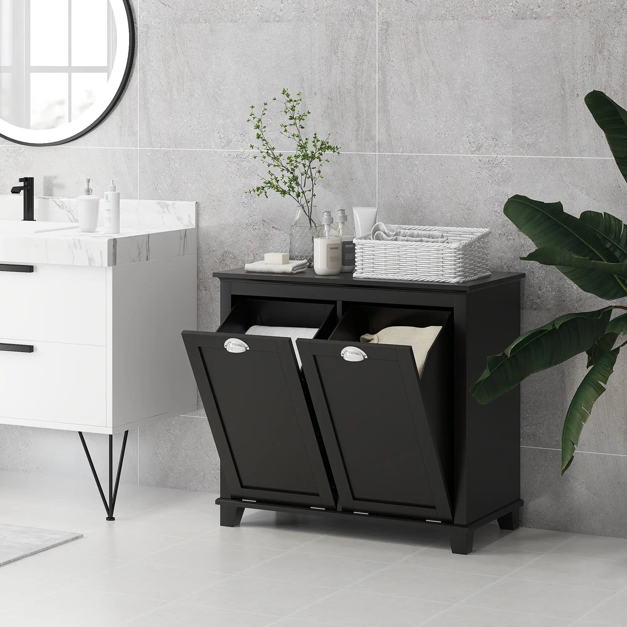 Tilt-Out Laundry Cabinet, Bathroom Organizer with Two-Compartment Hamper, Black Bathroom Cabinets at Gallery Canada