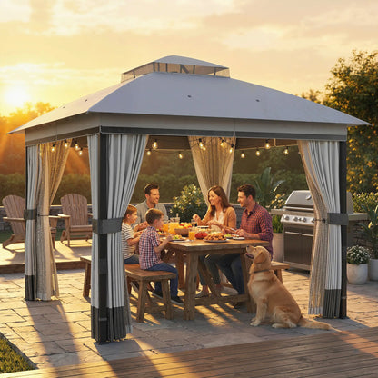 10' x 10' Light Grey Patio Gazebo, UPF50+ Double Roof With Netting, Light Grey Gazebos at Gallery Canada