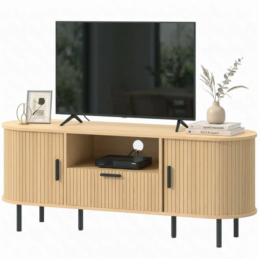 TV Stand for TVs up to 60", Modern Entertainment Center with Curved Sliding Doors and Storage, Natural Wood TV Stands Natural Wood, Black at Gallery Canada