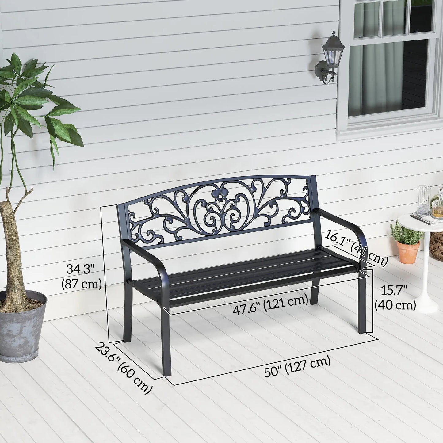 50 2-Seater Garden Bench, Outdoor Blossoming Pattern, Black Outdoor Benches at Gallery Canada