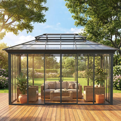 10' x 14' Aluminum Hardtop Gazebo, Sliding Doors, Double Roof, Dark Grey Gazebos at Gallery Canada