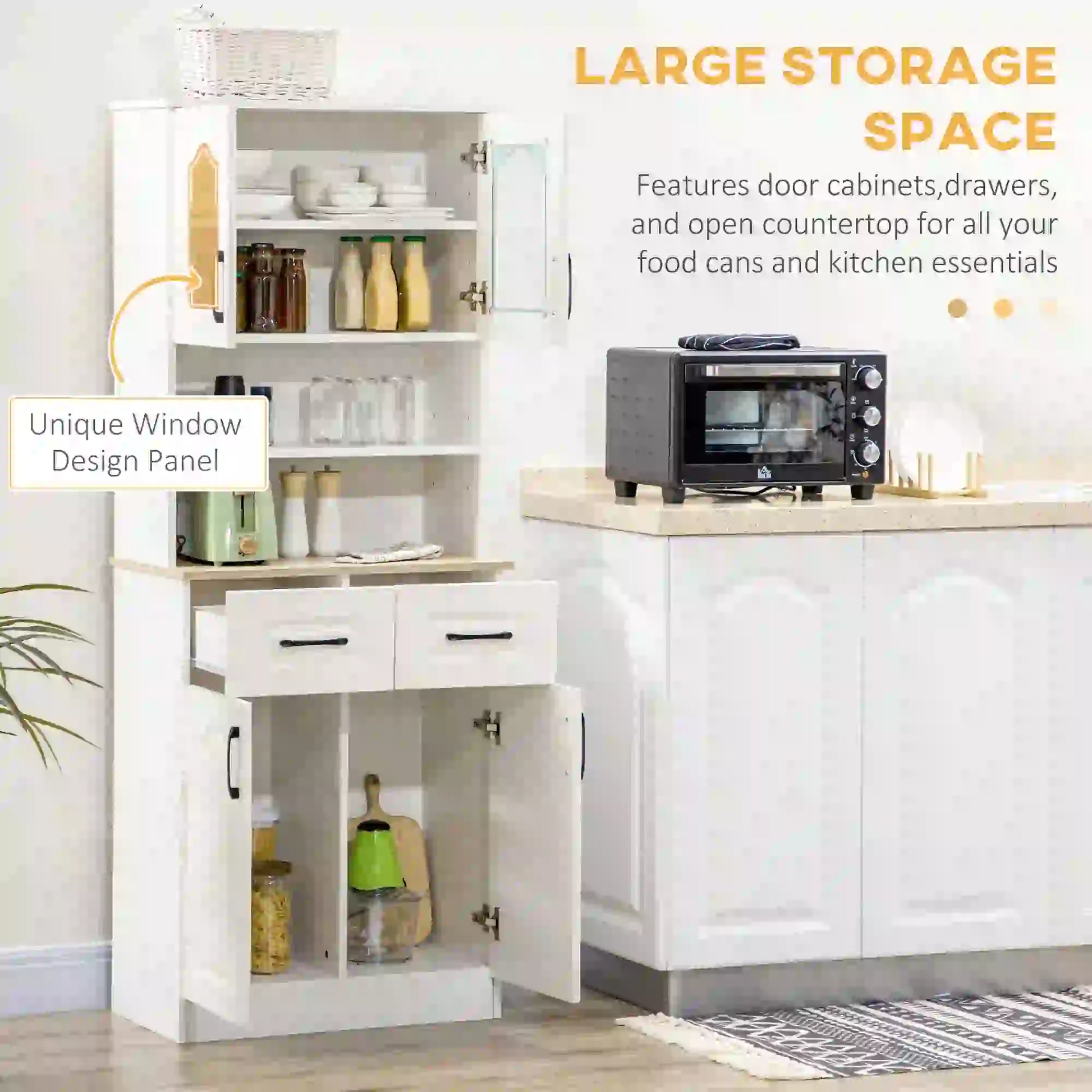 66" Kitchen Pantry Cabinet, Freestanding, 2 Adjustable Shelves, 2 Drawers, White Kitchen Pantry Cabinets at Gallery Canada