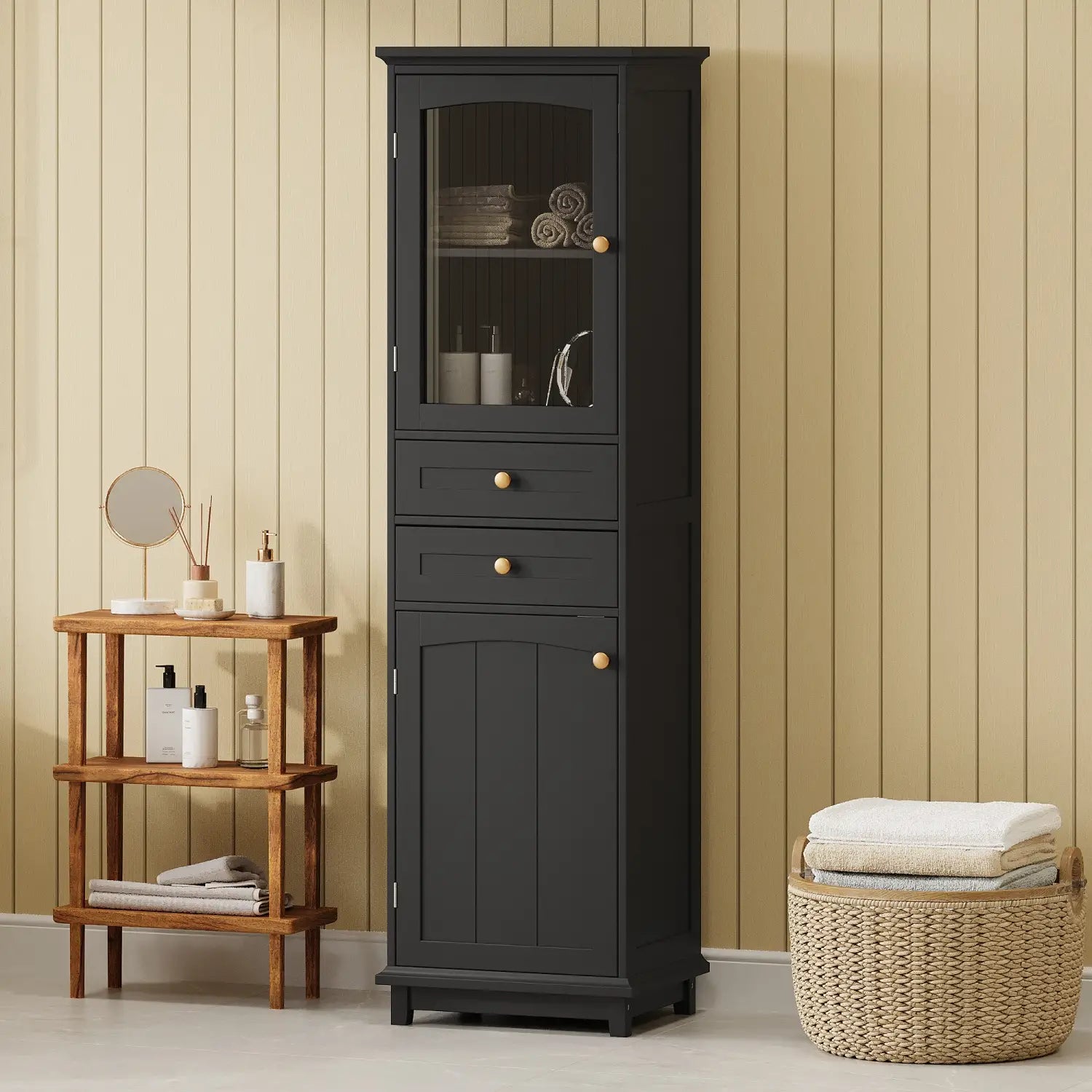 Bathroom Storage Cabinet, Glass Doors, Adjustable Shelves, 18