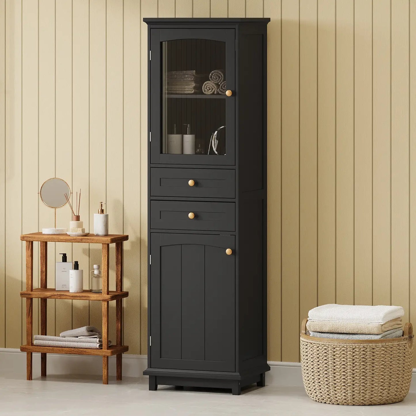 Bathroom Storage Cabinet, Glass Doors, Adjustable Shelves, 18" L x 14" W x 63" H, Black Bathroom Cabinets at Gallery Canada