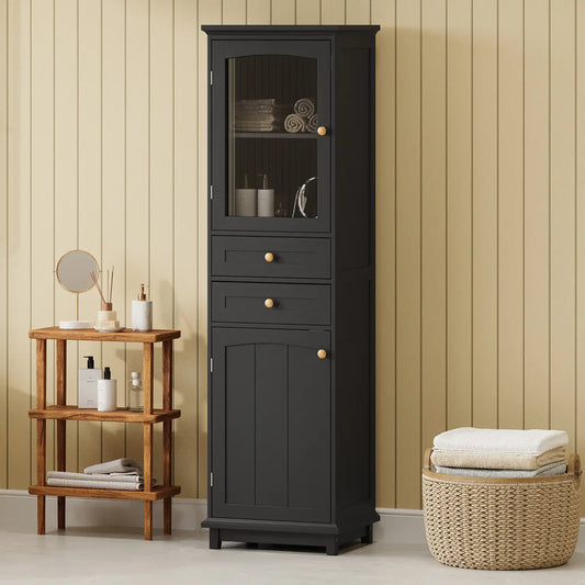 Bathroom Storage Cabinet, Glass Doors, Adjustable Shelves, 18" L x 14" W x 63" H, Black Bathroom Cabinets Black at Gallery Canada