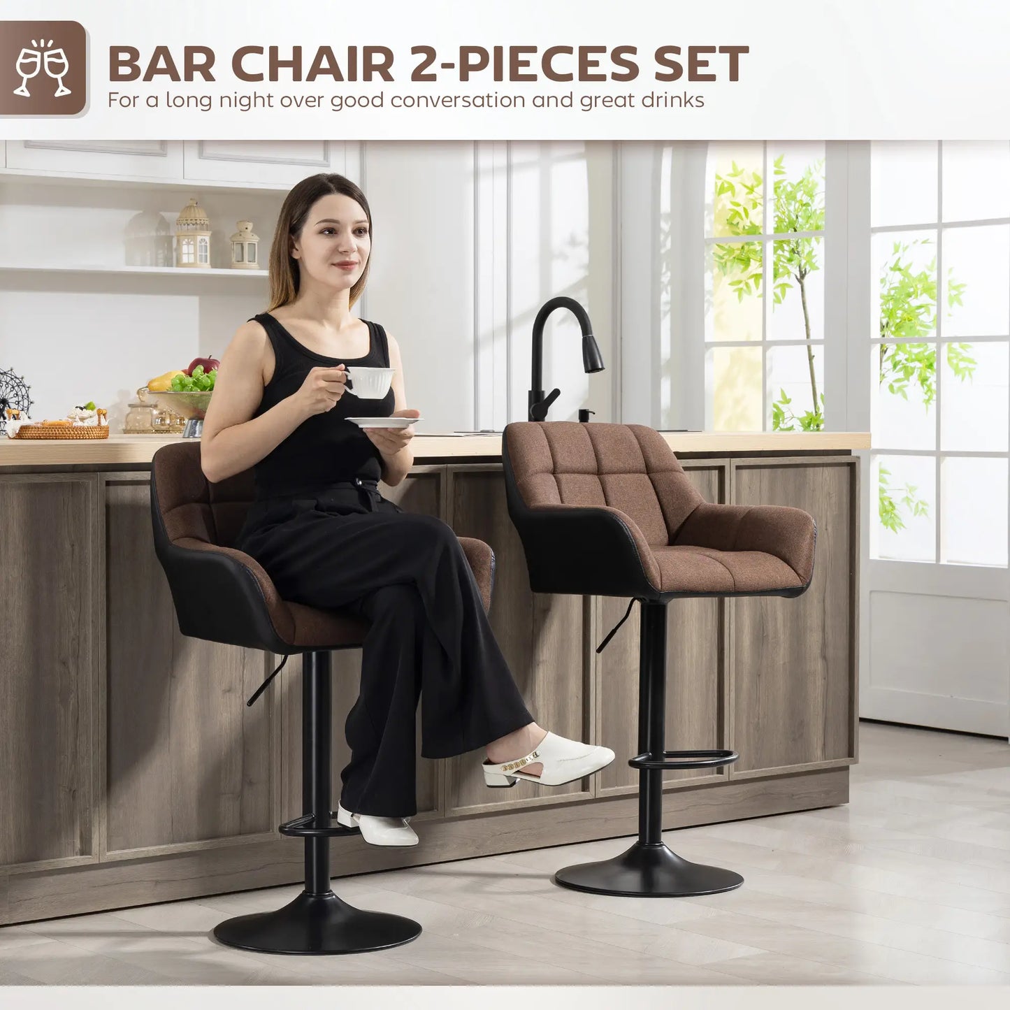 Adjustable Swivel Barstools Set of 2, with Footrest Armrests, Brown Bar Stools at Gallery Canada