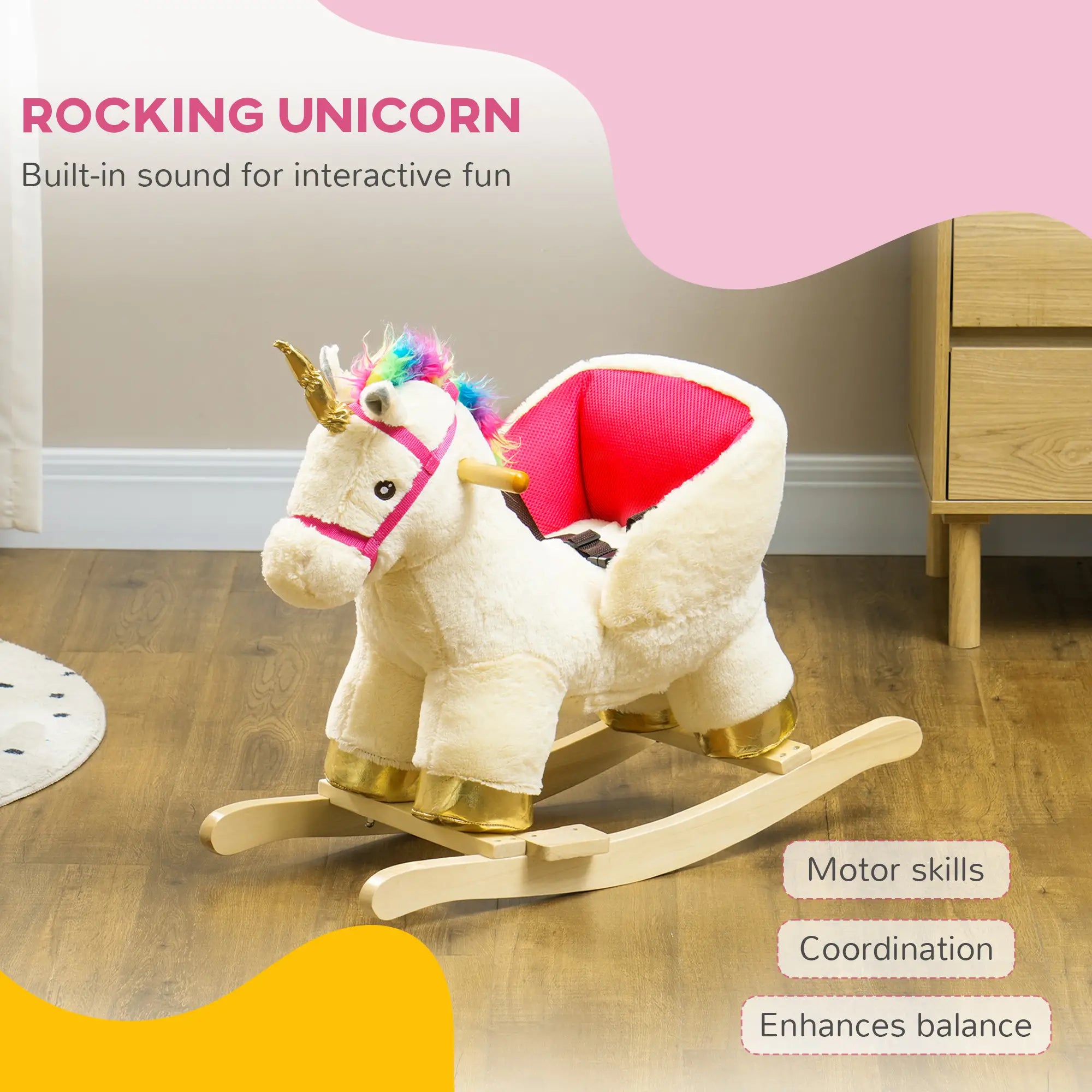 Unicorn Rocking Horse with Sound, Safety Belt, Wooden Base, 18-36 Months Rocking Horses at Gallery Canada