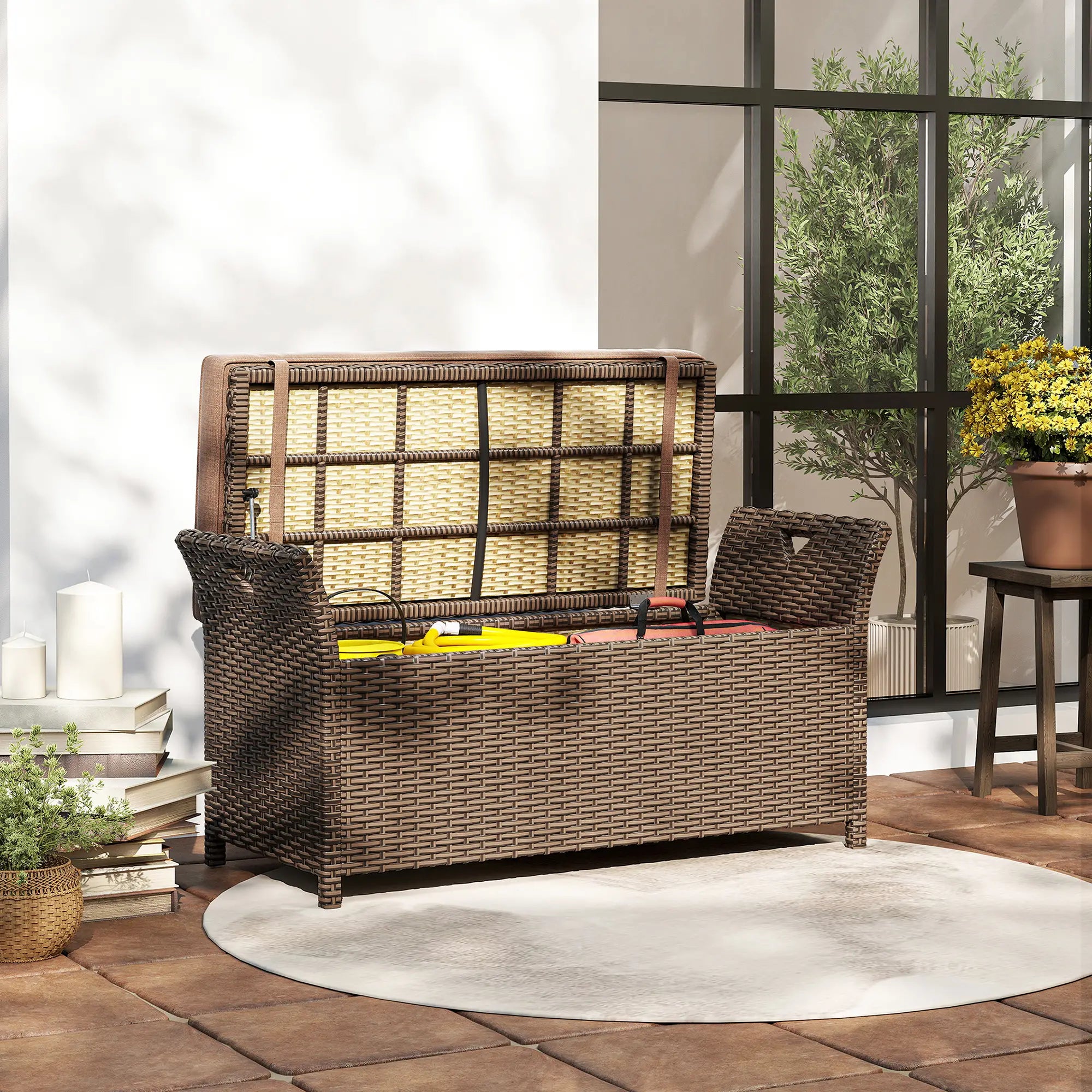 2-In-1 Outdoor Storage Bench, 29 Gallon Wicker Deck Box, Tan Patio Storage Boxes at Gallery Canada
