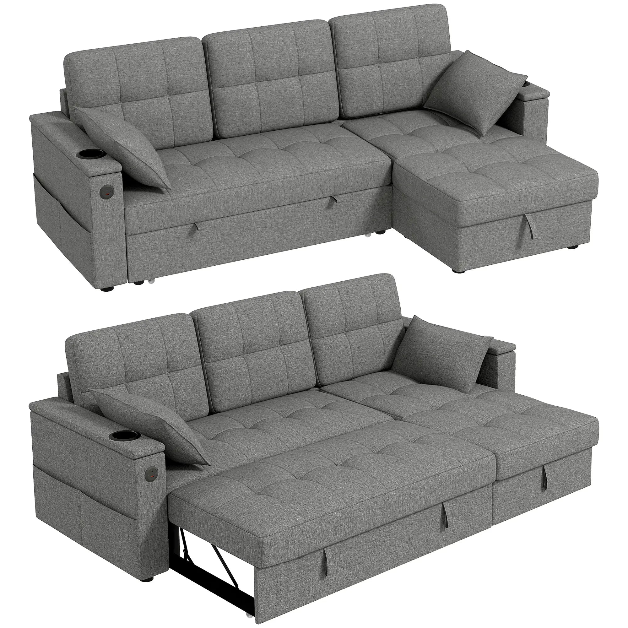 Convertible Sectional Sofa Bed, Pull Out Sleeper with USB, Chaise Storage, Grey Sofas & Reclining Chairs at Gallery Canada