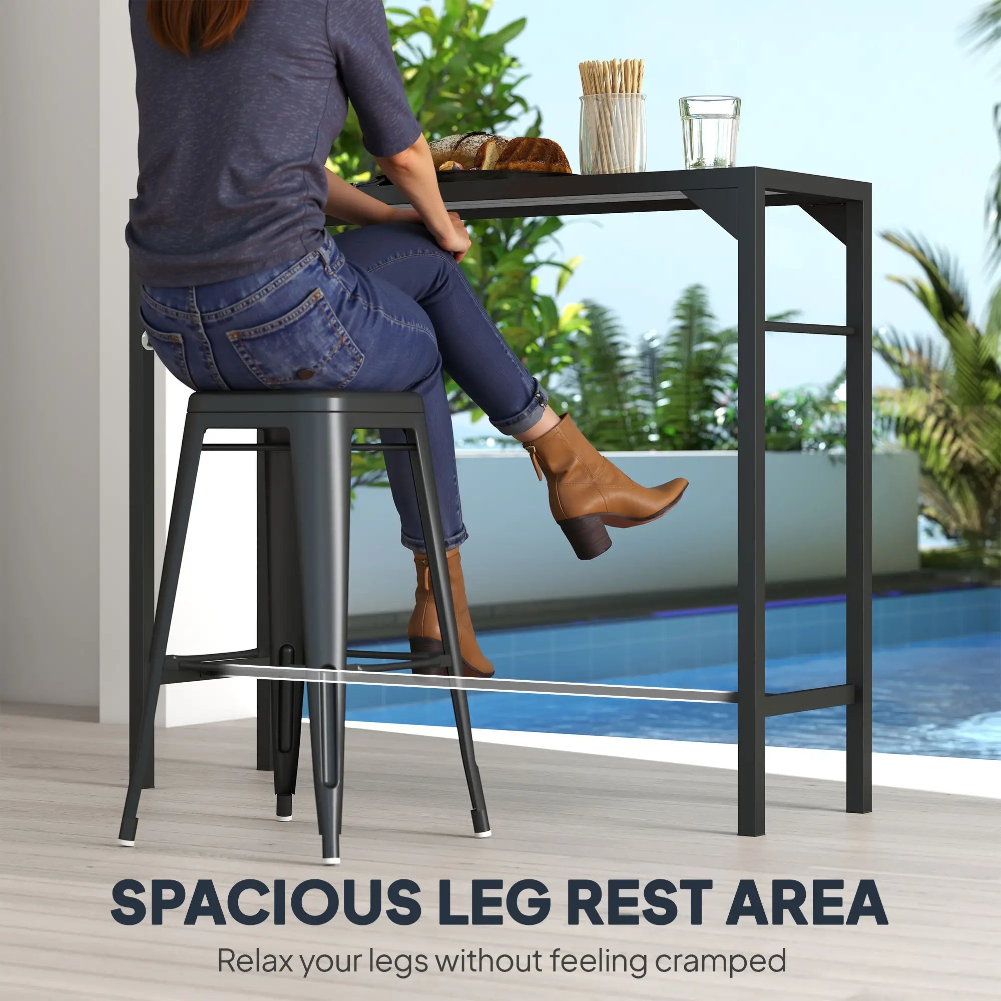 Outdoor Bar Table with Wood Grain Top, Built-In Bottle Opener, 47.2