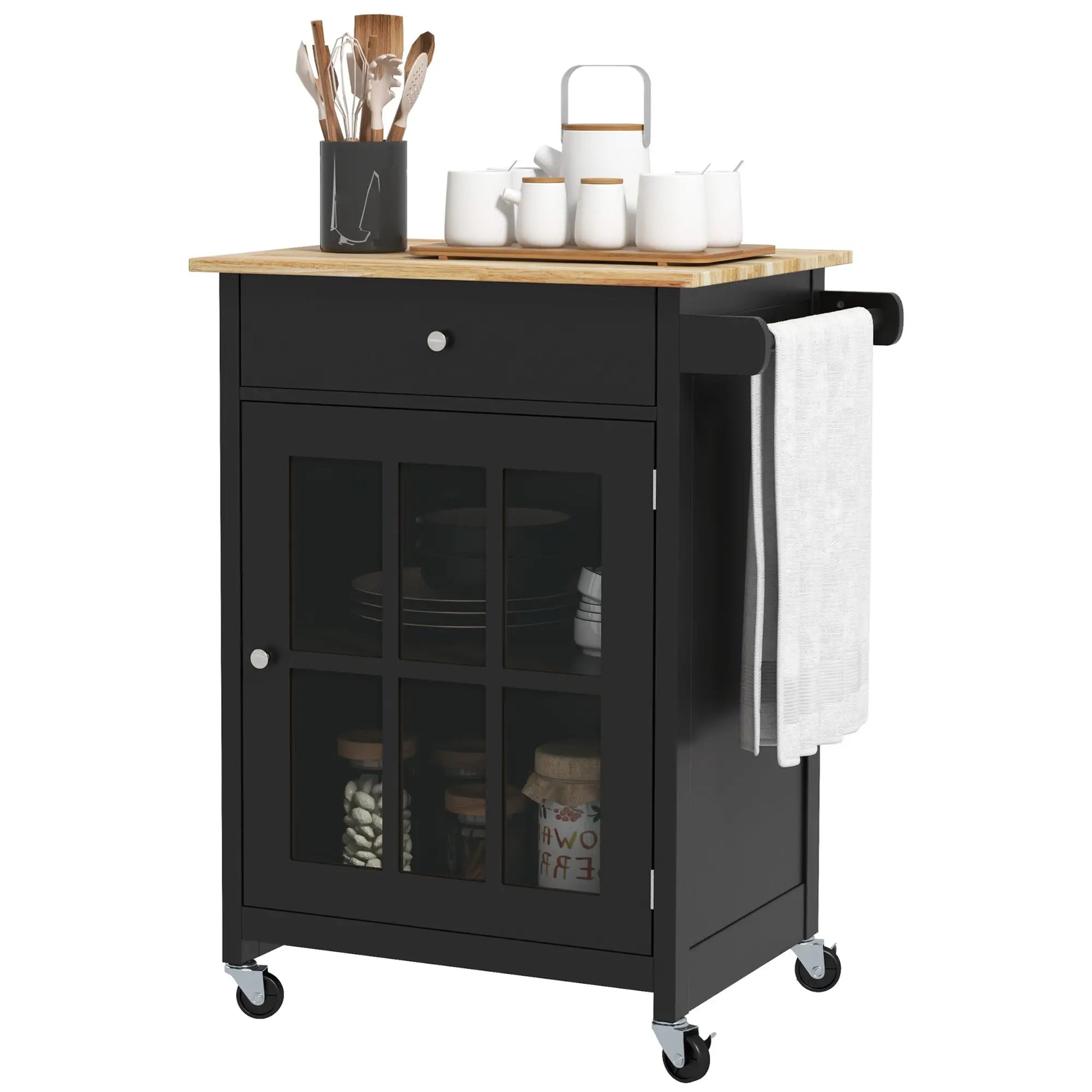 Rolling Kitchen Cart, Drawer and Glass Door Cabinet, Black Kitchen Islands & Kitchen Carts at Gallery Canada