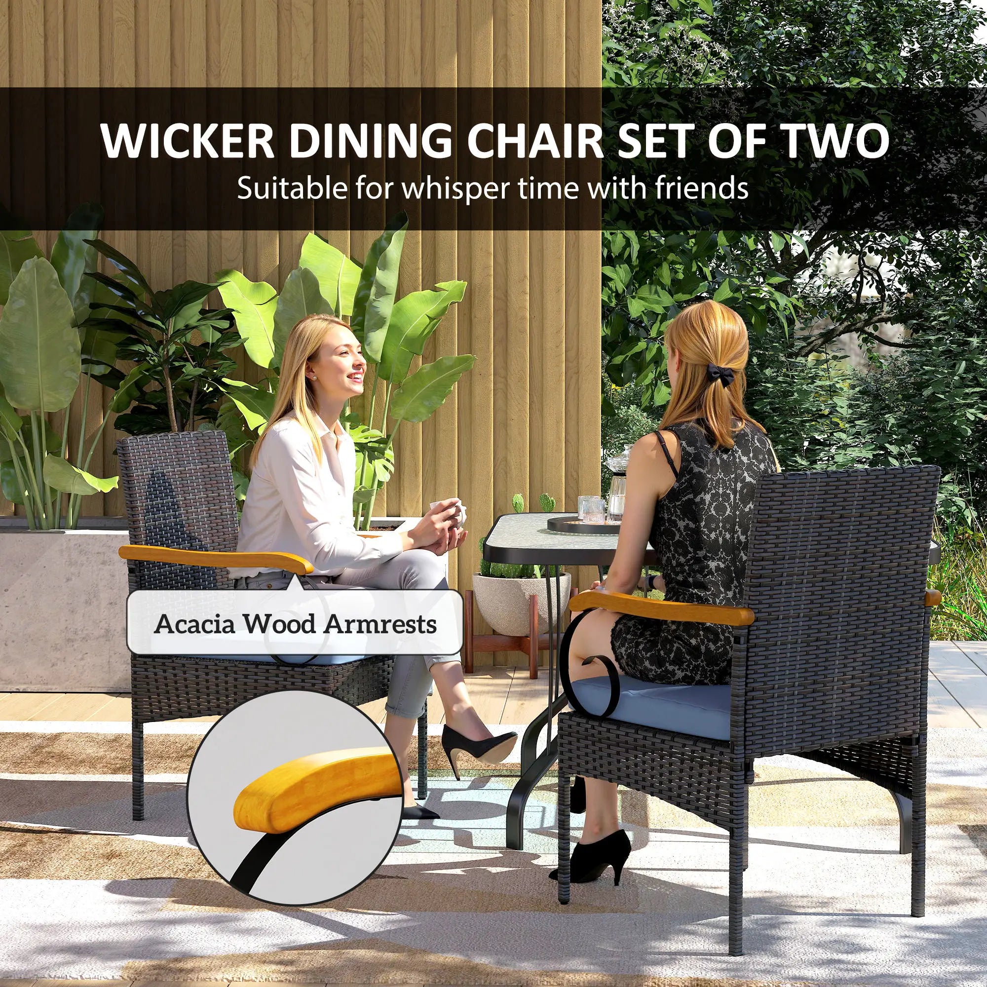 Set of 2 Rattan Outdoor Dining Chairs, Removable Cushion, Navy Blue Patio Chairs at Gallery Canada