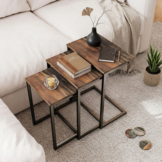 Nesting End Tables Set of 3, Industrial C-Shaped Side Table, Rustic Brown, Brown Side Tables Rustic Brown at Gallery Canada