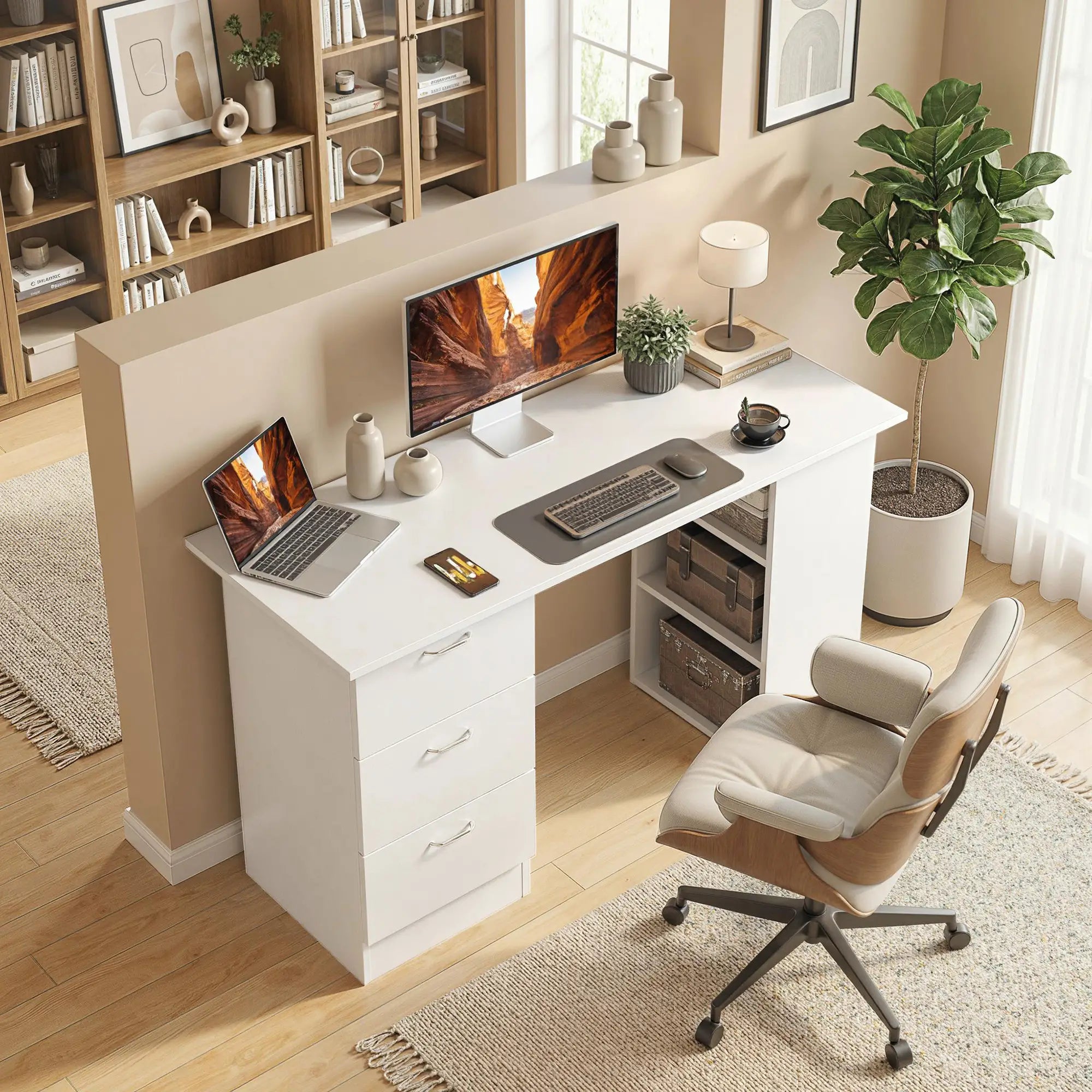47 Inches Office Desk, 3-Tier Storage Shelves, Drawers, White Writing Desks at Gallery Canada