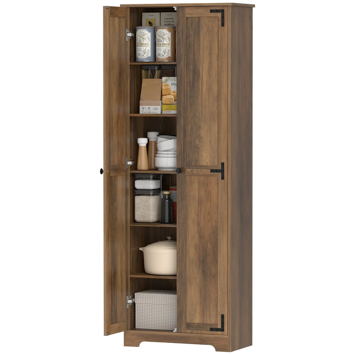 67" Farmhouse Pantry Cabinet, 2 Doors, Adjustable Shelves, Wood Grain, Brown Kitchen Pantry Cabinets Brown with Wood Grain Effect at Gallery Canada