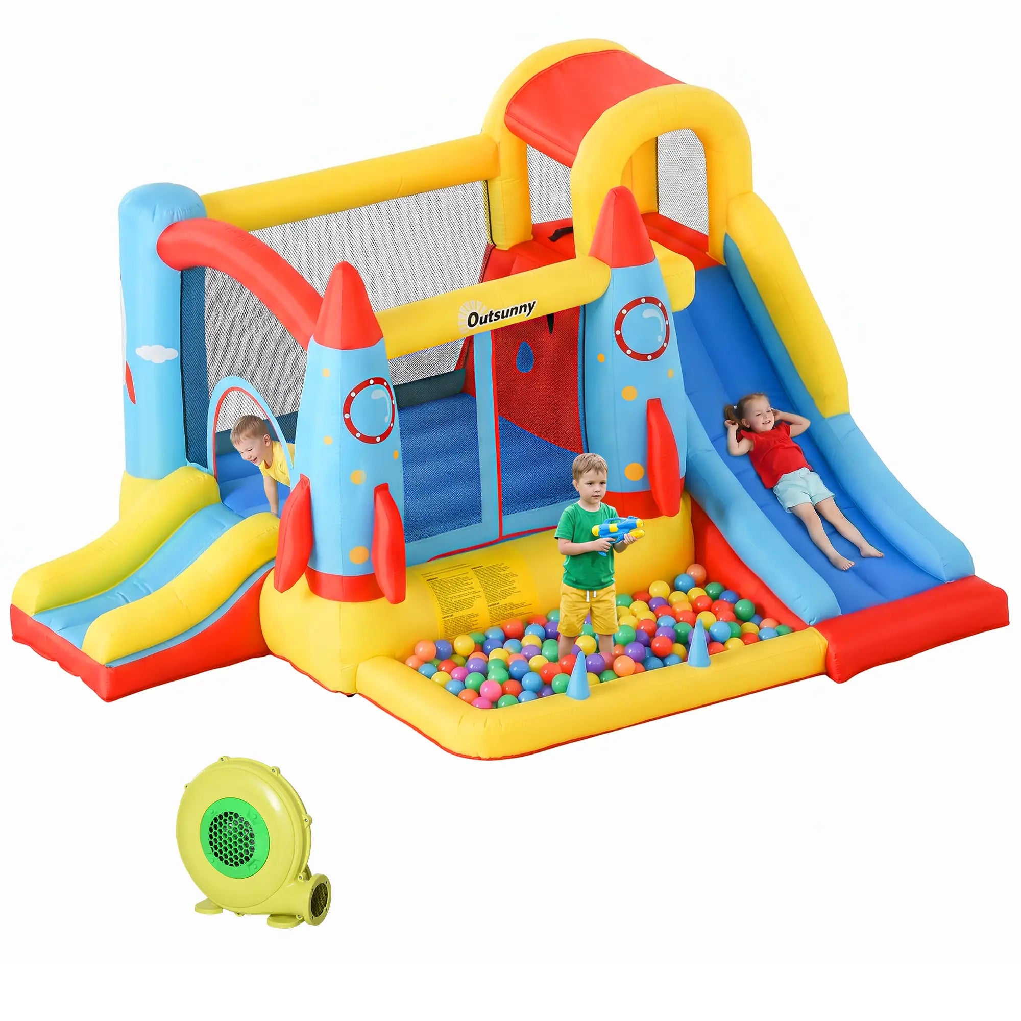 Inflatable Trampoline Slide Pool, Rocket Design, 11.14' x 9.18' x 6.06' Inflatables Red, Blue, Yellow at Gallery Canada