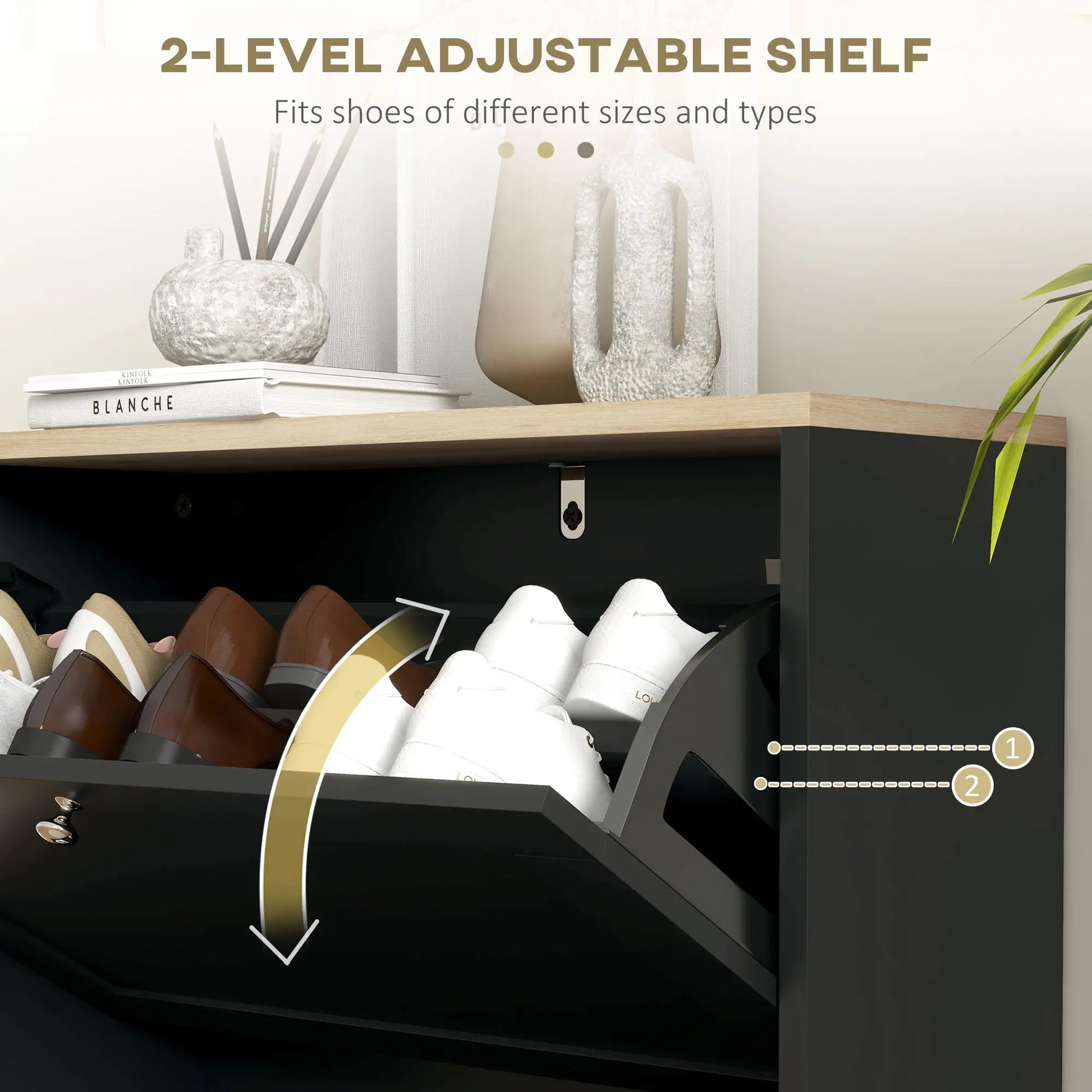 Slim Shoe Storage Cabinet, 2 Flip Drawers, Adjustable Shelves for 12 Pairs, Black Shoe Storage Cabinets & Racks at Gallery Canada