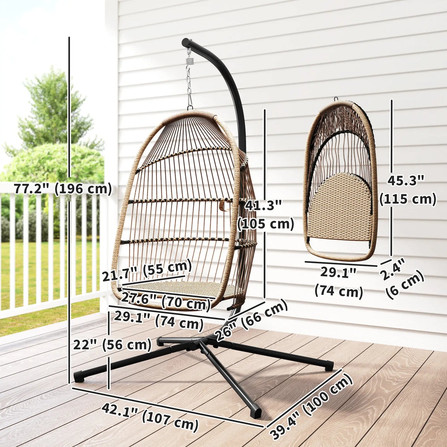 Foldable Wicker Egg Swing Chair, With Stand And UV Cushion, Beige Patio Chairs at Gallery Canada