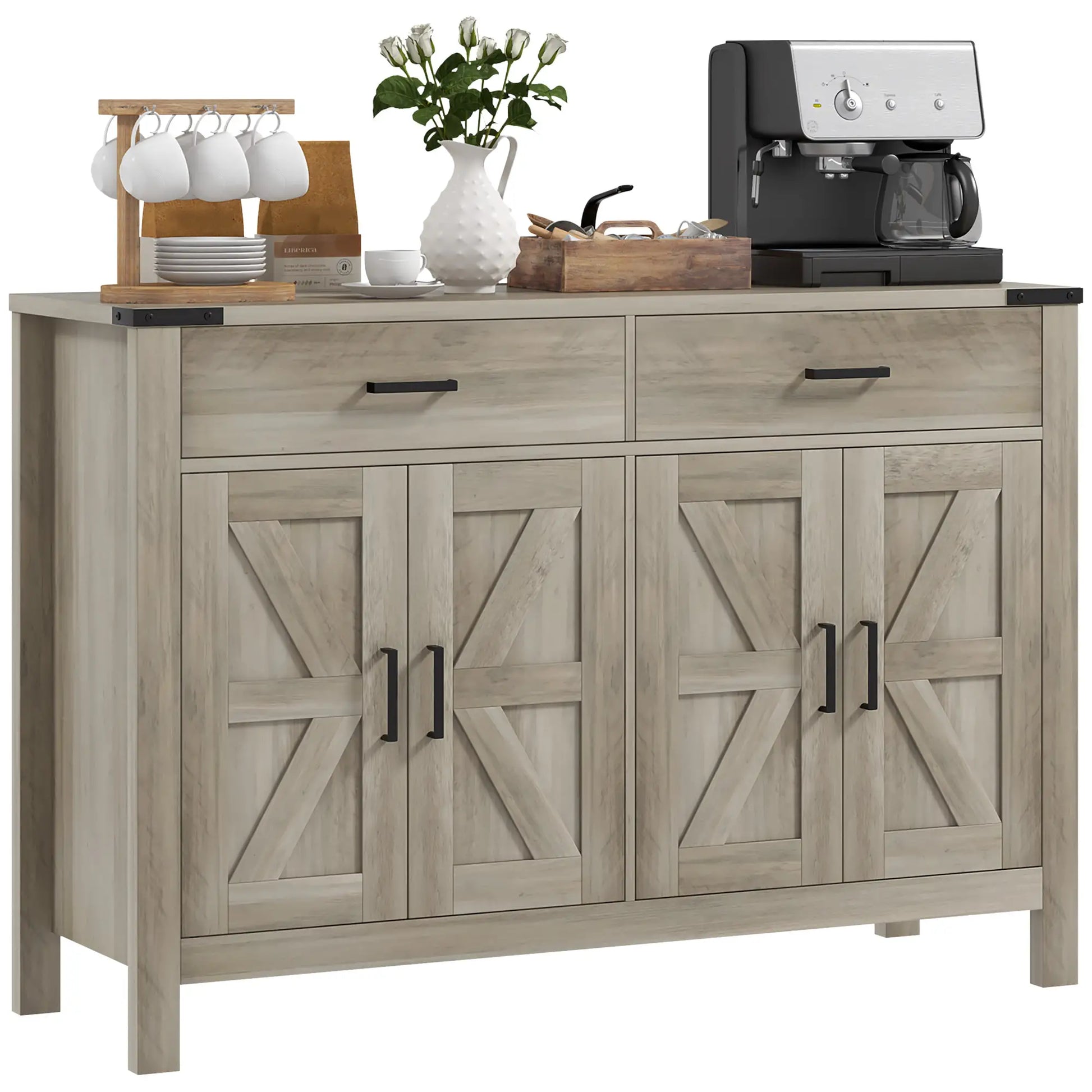 Farmhouse Buffet Cabinet, 2 Drawers, 2 Cabinets, Adjustable Shelves, Grey Bar Cabinets at Gallery Canada
