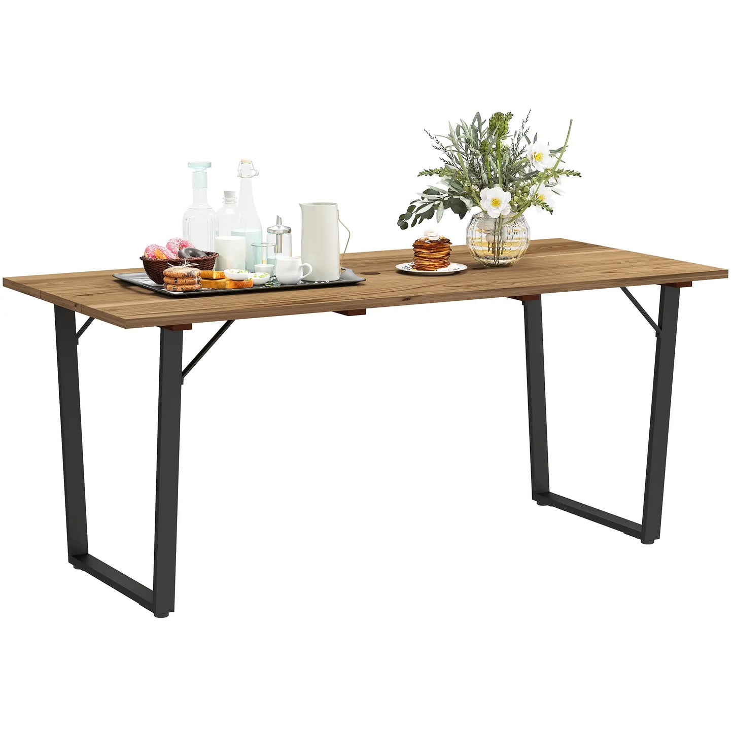 Wooden Outdoor Dining Table for 6, 2" Umbrella Hole, Slatted Tabletop, Metal Frame Patio Dinning Tables at Gallery Canada