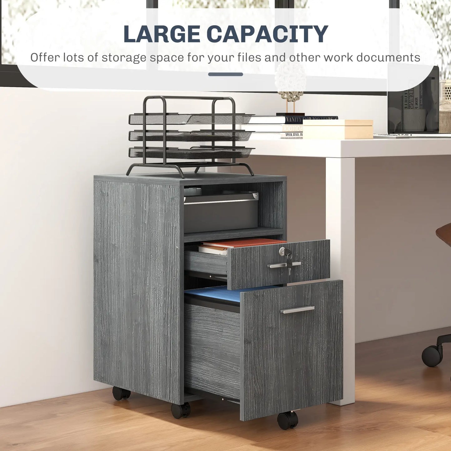 Small 2-Drawer Filing Cabinet, Lockable, On Wheels, Grey Office Cabinets & Cupboards at Gallery Canada