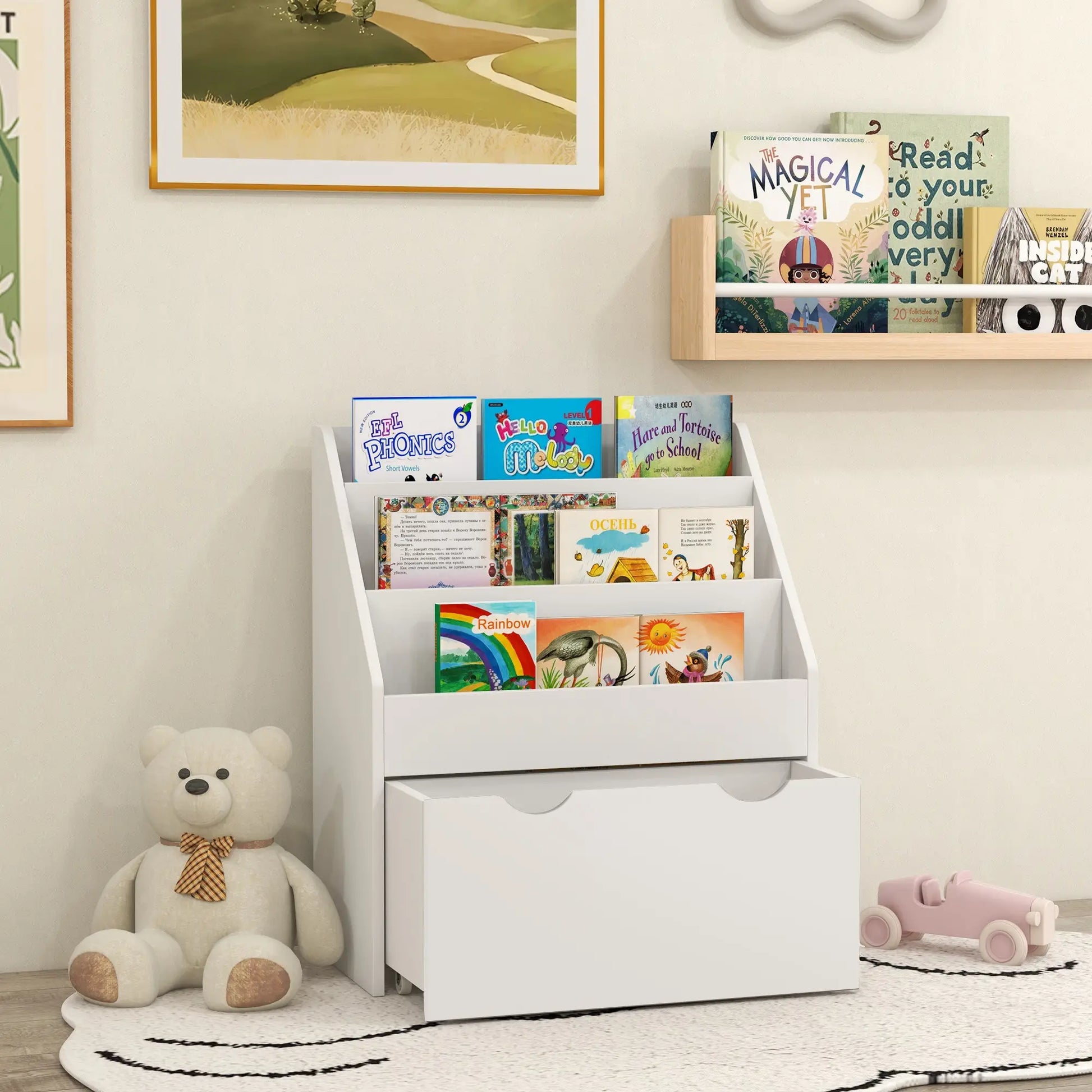 Kids Bookshelf, 3 Tier Display Shelves, Drawer, White Baby & Kids Storage at Gallery Canada