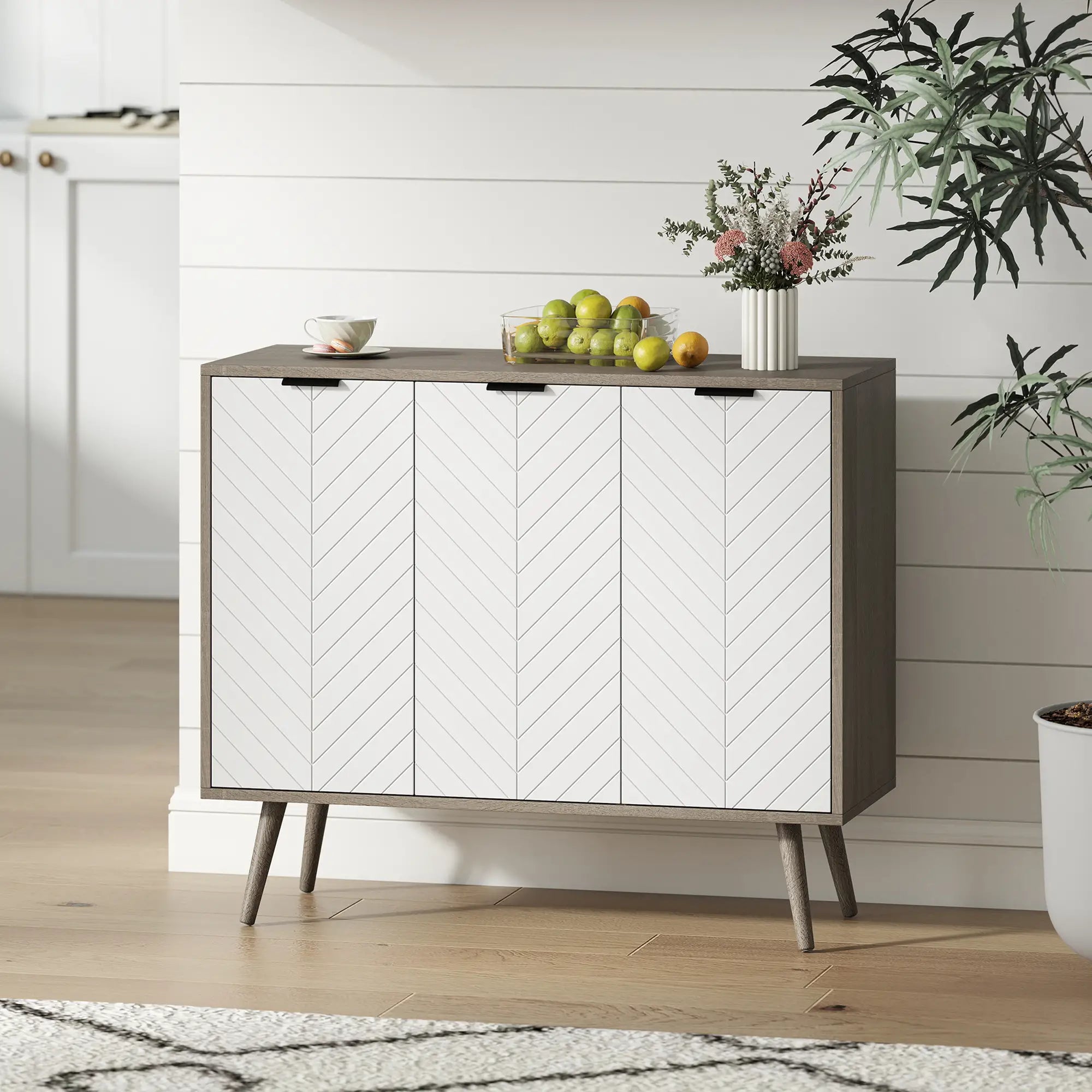 Modern Sideboard Buffet, Dining Room Cabinet, Adjustable Shelves, 3 Doors, Grey Storage Cabinets at Gallery Canada