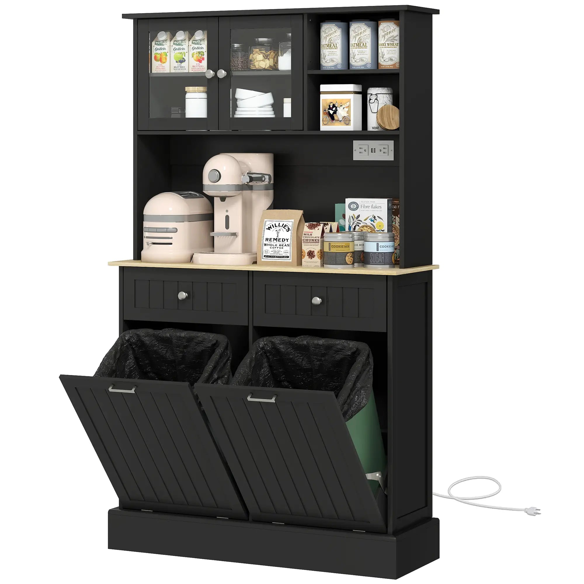 Kitchen Cabinet with Charging Station, 2 Tilt Out Cabinets, Microwave Stand, Black Kitchen Pantry Cabinets Black, Nature Wood at Gallery Canada