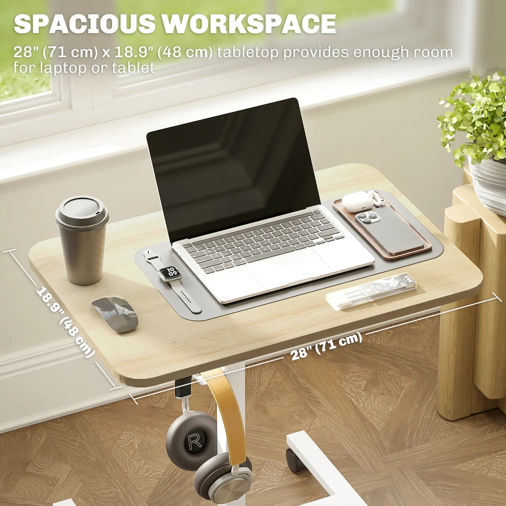 Adjustable Standing Desk, Pneumatic Sit Stand, Wheels, Headphone Hook, Natural Office Desks & Work Stations at Gallery Canada