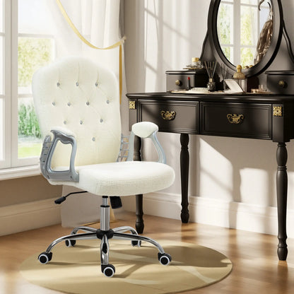 Teddy Fleece Computer Chair, Button Tufted, Swivel Wheels, Adjustable Height, White Executive & Manager Chairs at Gallery Canada